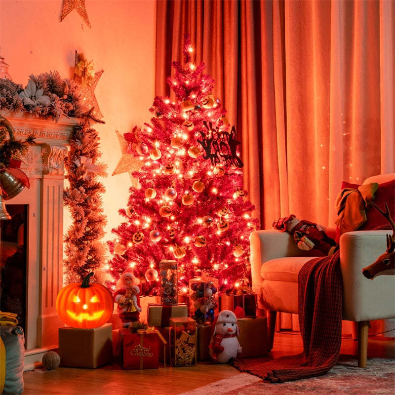 5FT Artificial Prelit Purple Halloween Tree Christmas Tree with Orange Lights & Pumpkin Ornaments