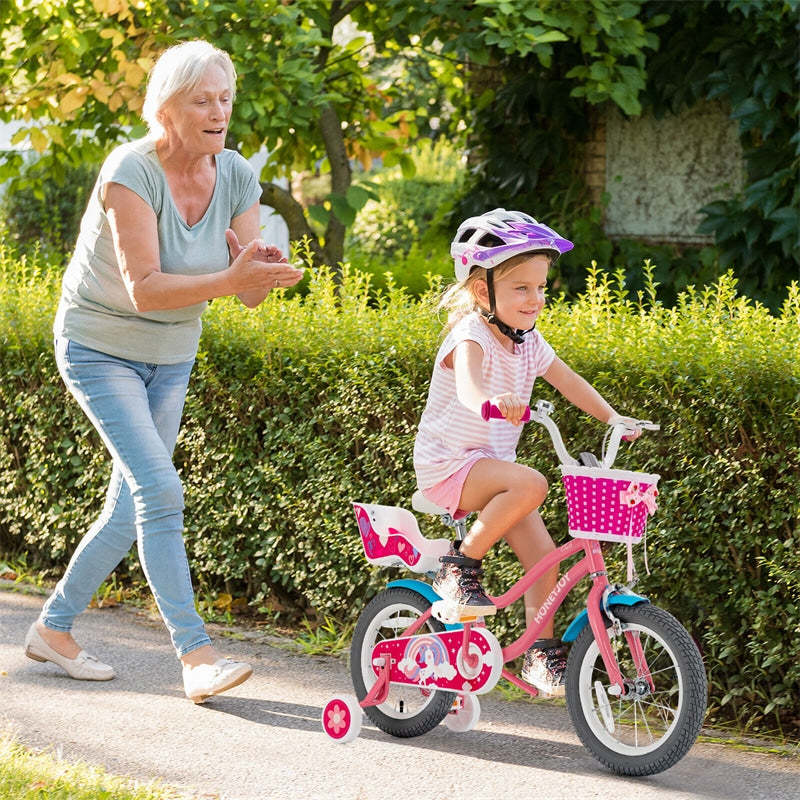 14 Inch Kids Bike, Children Bicycle with Removable Training Wheels, Basket, Adjustable Seat, Steel Frame for Boys & Girls Aged 3-9
