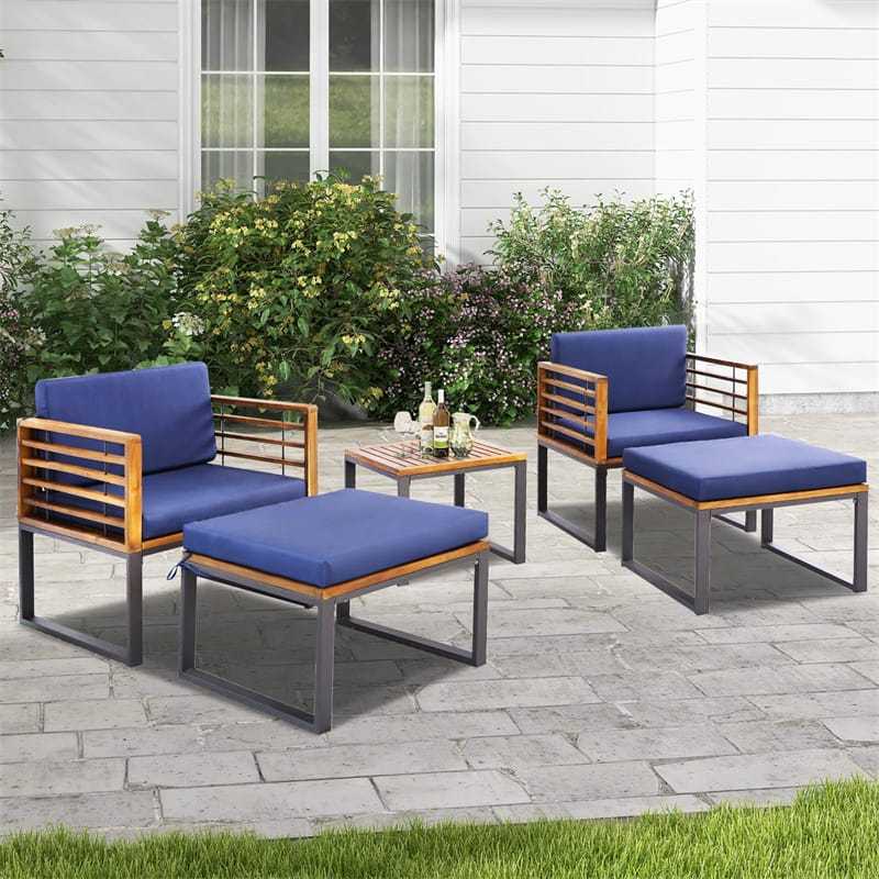 5 Pieces Acacia Wood Patio Furniture Set Outdoor Conversation Set with Coffee Table, Ottomans, Soft Back & Seat Cushions