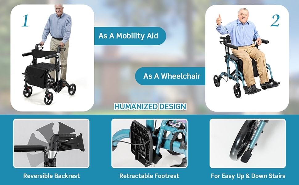 2-in-1 Folding Rollator Walker for Seniors with Seat, 8" Wheel Medical Walker Transport Wheelchair, Height Adjustable Handle, Mobility Aid