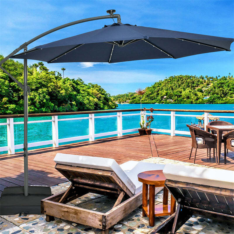 10FT Solar Offset Patio Umbrella, Hanging Cantilever Umbrella with 32 LED Lights, Adjustable Tilt, Sand Bag Base for Garden, Poolside, Yard