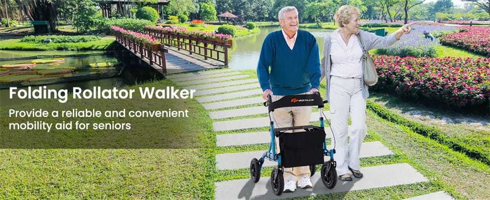 Foldable Rollator Walker for Seniors, Height Adjustable Rolling Walker with Seat, 9.5" Pneumatic Wheels, Storage Bag, Bariatric Rollator 350LBS