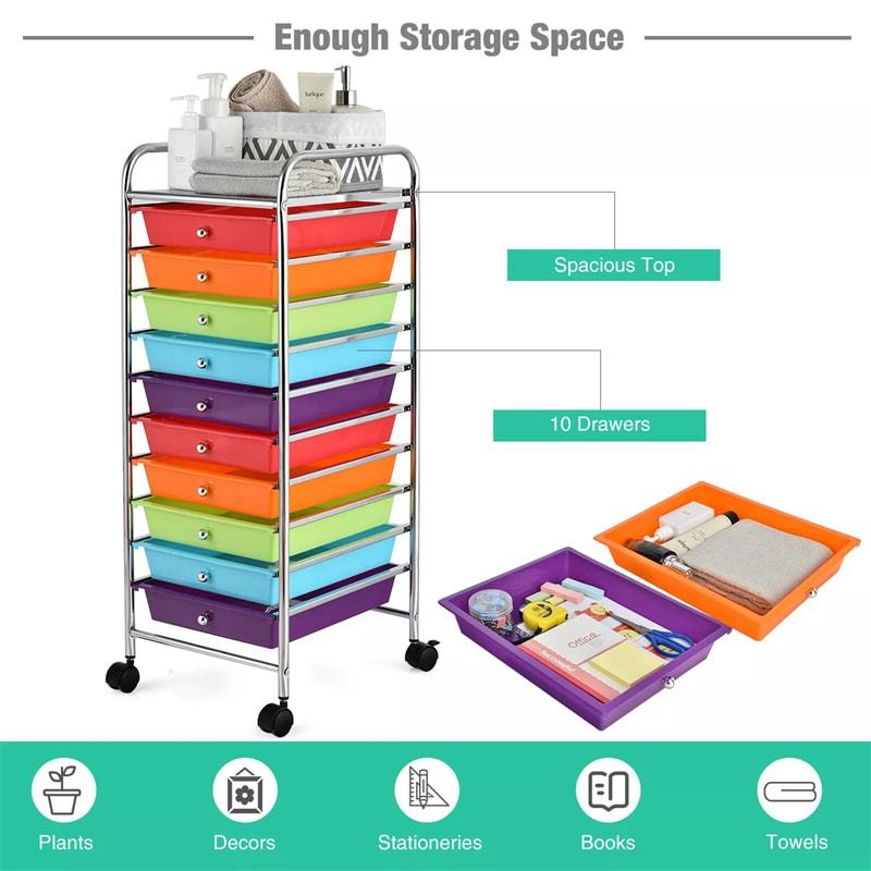 10-Drawer Rolling Storage Cart, Utility Cart with Drawers & Lockable Wheels, Mobile Art Craft Drawer Cart for Home Office, School