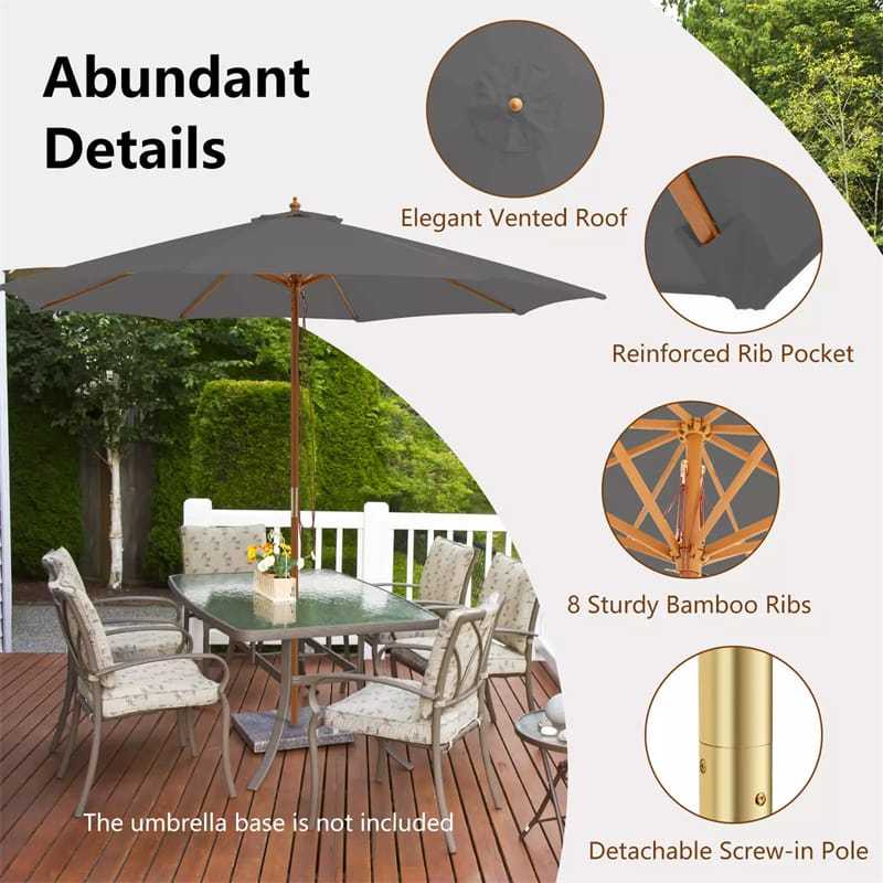 10FT Wooden Patio Umbrella with Rope Pulley Lift, 3 Height Adjustments, 8 Bamboo Ribs, Vented Roof Outdoor Table Umbrella for Poolside, Backyard
