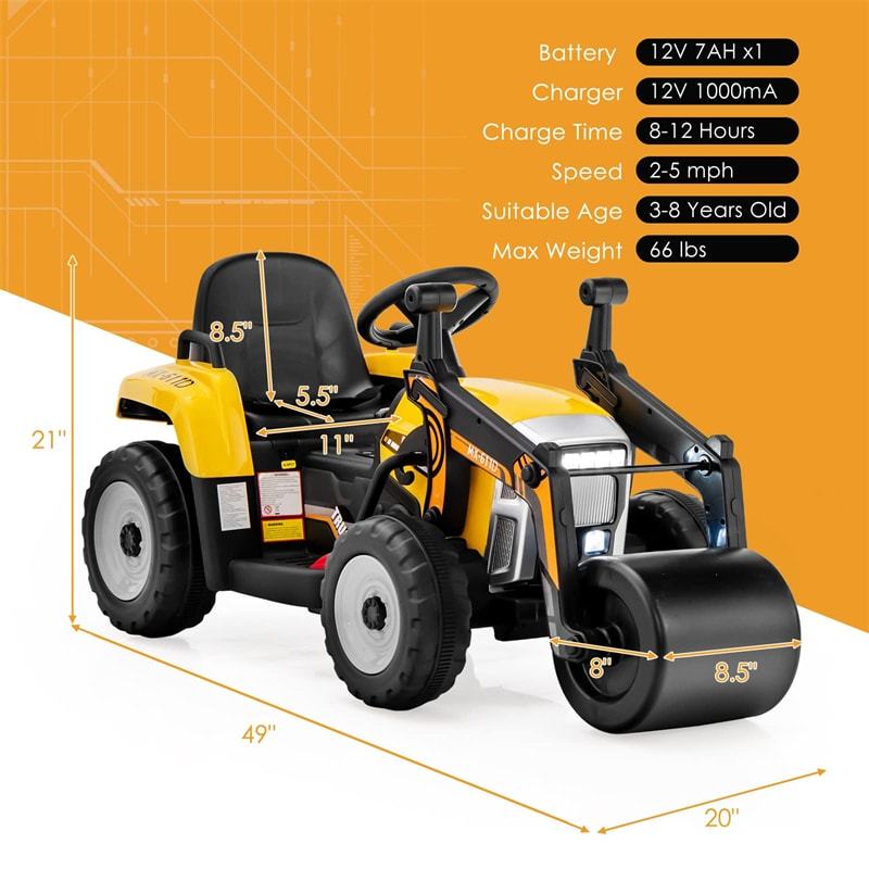 Kids Ride On Road Roller Car 12V Battery Electric Tractor with Remote Control & Adjustable Drum Roller, Ride On Construction Vehicle for Kids