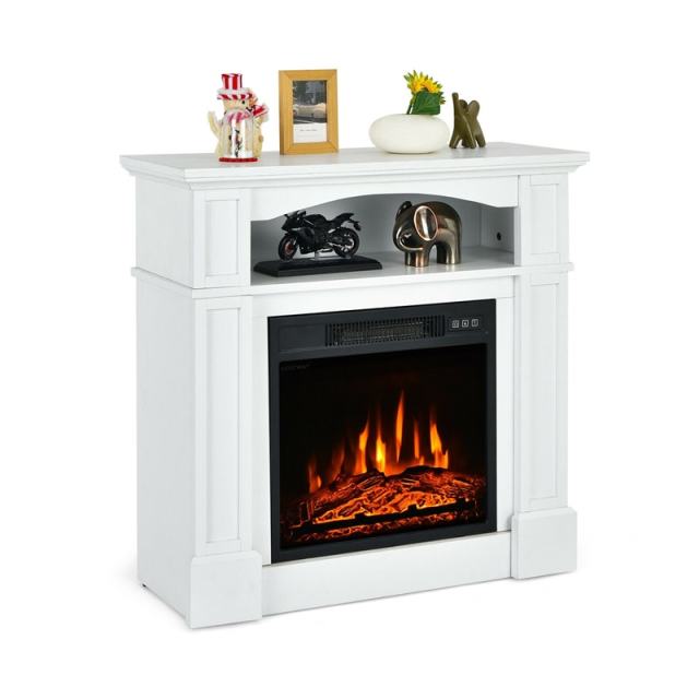 32" Electric Fireplace with Mantel, 1400W Freestanding Heater with Adjustable Flame, Remote Control, Thermostat & Storage Shelf for Living Room