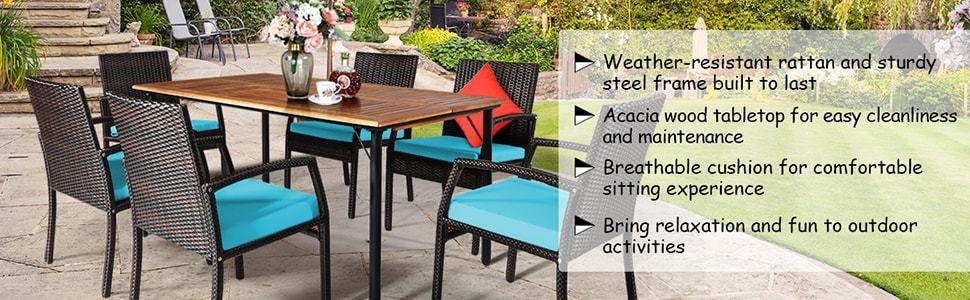 7 Pieces Acacia Wood Wicker Patio Dining Set with Cushions & Umbrella Hole