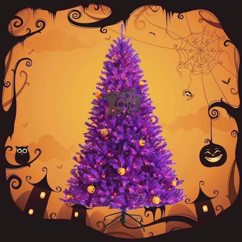 6FT Artificial Prelit Purple Halloween Tree with Orange Lights & Pumpkin Ornaments