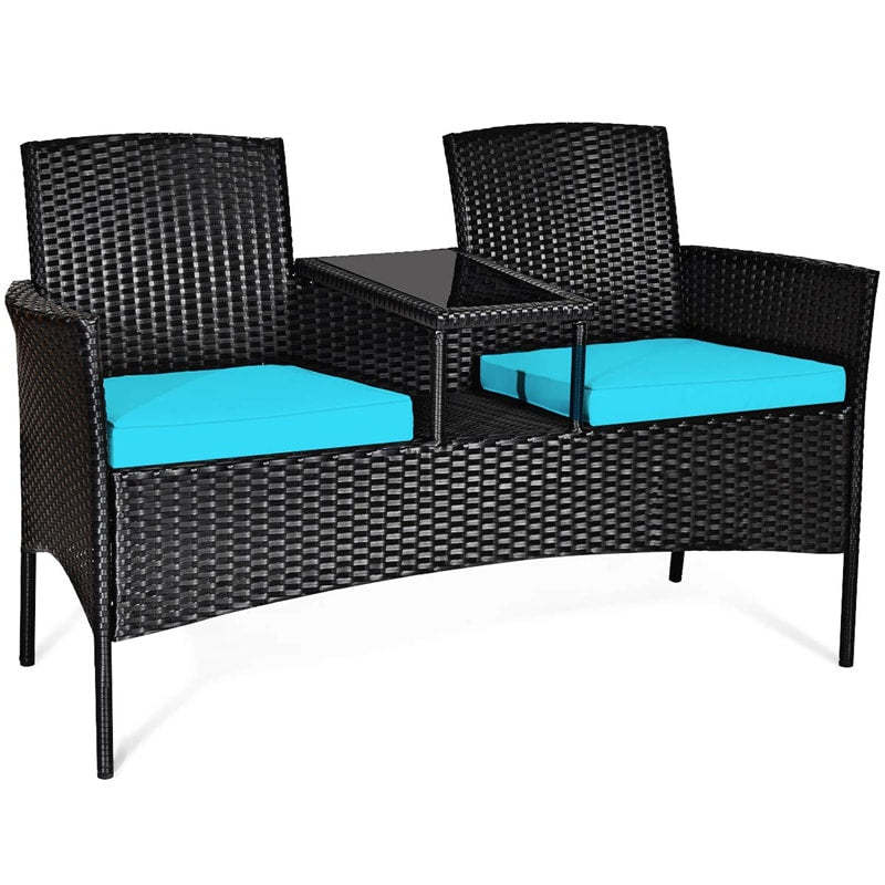 Modern Rattan 2-Seater Patio Furniture Set with Built-in Tempered Glass Table & Removable Cushions, Outdoor Furniture for Backyard, Garden