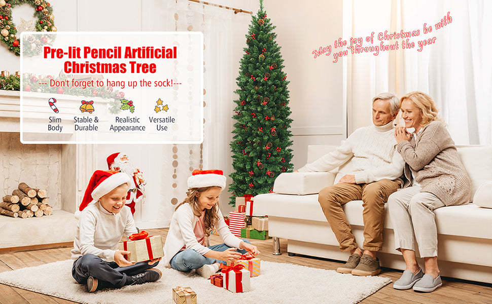 Pre-lit Hinged Pencil Artificial Christmas Tree w/ Pine Cones Red Berries and LED Lights