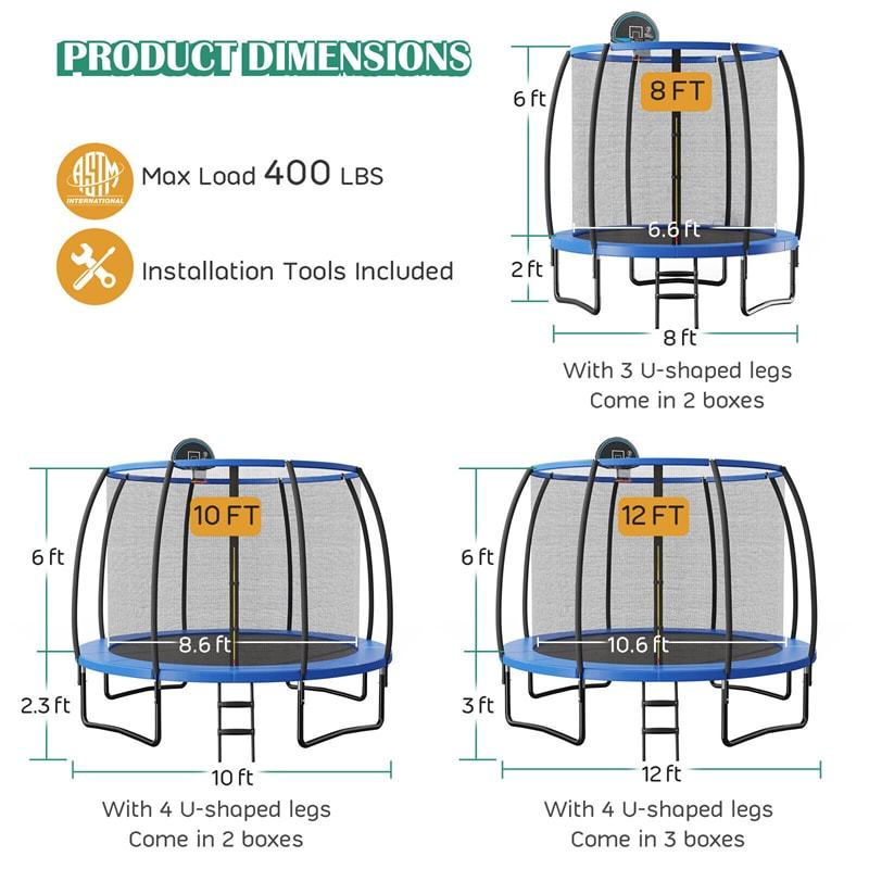 12FT Recreational Trampoline ASTM Approved Large Trampoline with Safety Enclosure Net Ladder Basketball Hoop & Ballpump