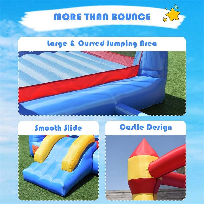 Inflatable Bounce House Kids Bouncy Castle Jumper Moonwalk Playhouse with Slide, 480W Blower, Large Jumping Area, Mesh Walls for Indoor Outdoor Party