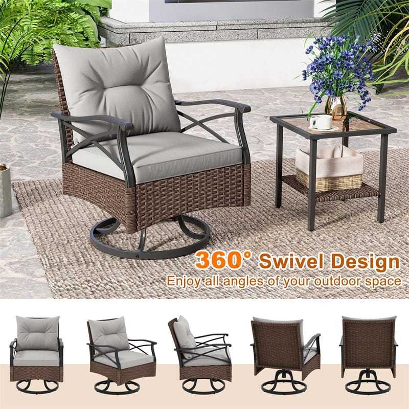 3 Piece Outdoor Swivel Rocking Chairs Set 360° Swivel Rocker Patio Chairs with Cozy Seat & Back Cushions, 2-Tier Tempered Glass Side Table for Garden