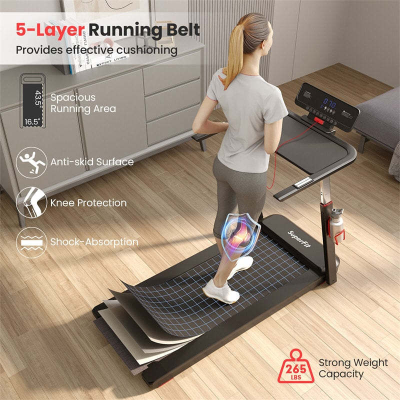 3HP Folding Treadmill w/Desk, Adjustable Height, APP Control, LED Display & 25 Preset Programs, Compact Walking Running Machine for Home Office