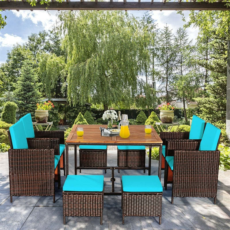 9-Piece Acacia Wood Rattan Patio Dining Set w/Cushioned Chairs, Ottomans & Umbrella Hole, Space Saving Outdoor Furniture for Backyard Garden