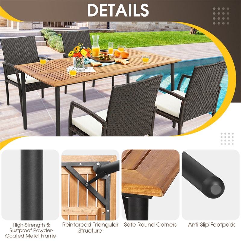 Rectangular Acacia Wood Patio Dining Table Large Outdoor Farm Table with Umbrella Hole & Metal Legs