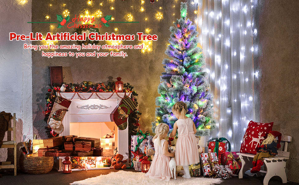 8ft Pre-lit Snow Flocked Christmas Tree with LED Lights and Remote Controller