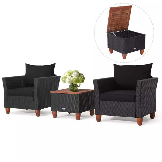 3PCS Patio Rattan Furniture Set Cushioned Sofa Chair Storage Coffee Table with Acacia Wood Top, Outdoor Wicker Conversation Set for Garden