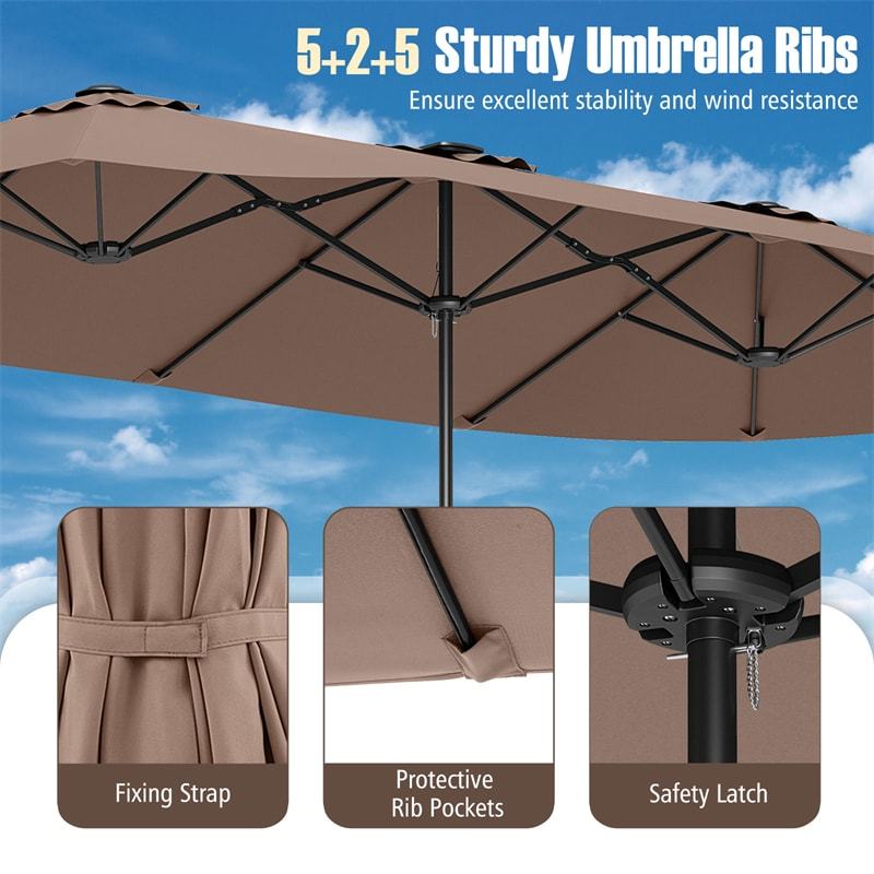 15.5FT Extra Large Patio Umbrella with 144 Solar LED Lights & Crank Handle, 12 Heavy-Duty Ribs Double-Sided Market Umbrella for Deck, Poolside