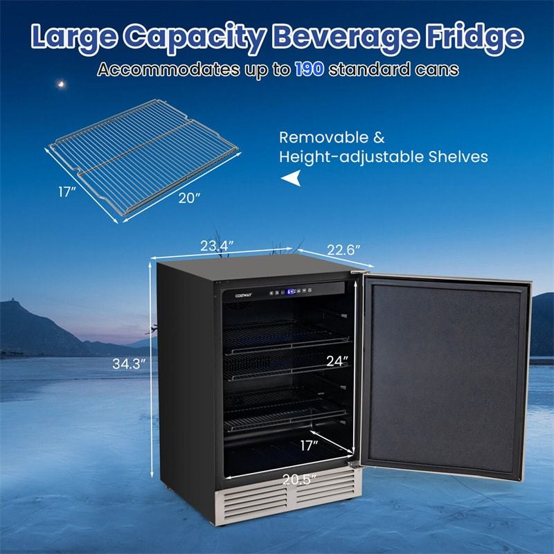 24" Beverage Refrigerator, 190-Can Undercounter Drink Fridge with Stainless Steel Door & Removable Shelves, Built-in or Freestanding for Home Office