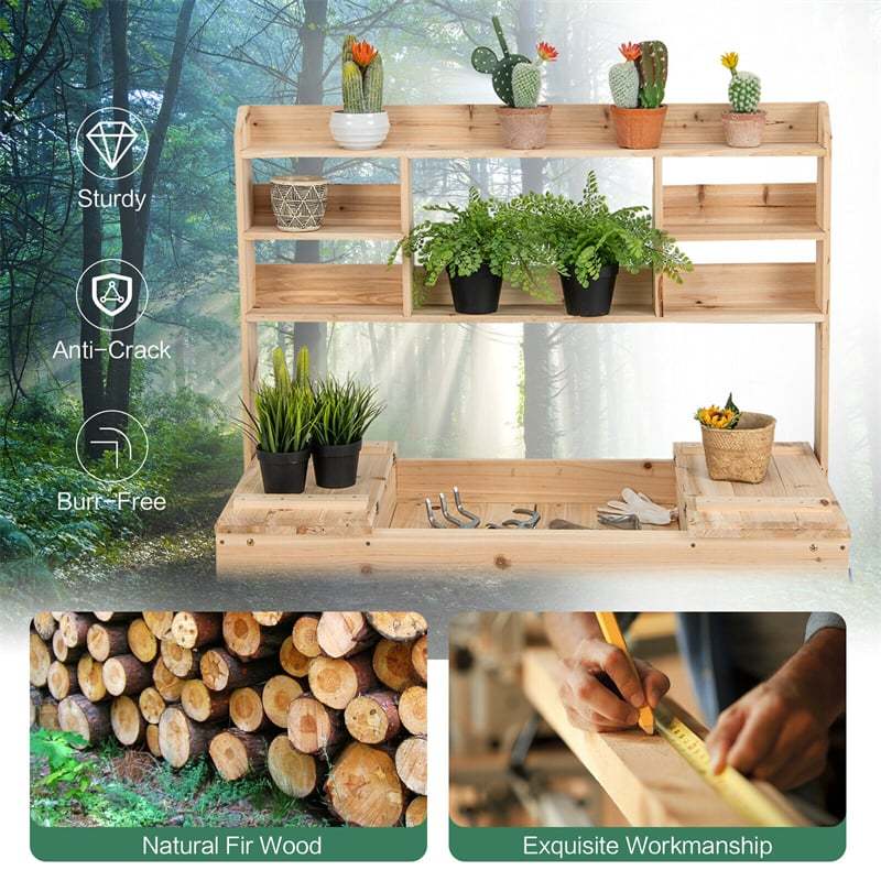 Outdoor Potting Bench, 60.5" Wood Garden Workstation Potting Table with Storage, Flip-Up Tabletop, Shelves & Hanging Hooks for Patio, Porch, Yard
