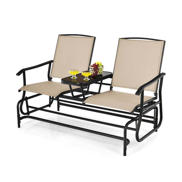 2-Person Outdoor Glider Chair with Center Tempered Glass Table, Steel Frame & Breathable Mesh, Patio Rocking Bench for Porch Garden Poolside