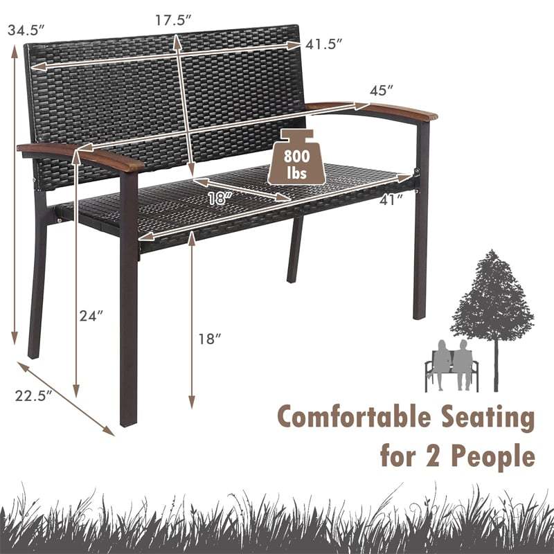 2-Pack Outdoor Stackable Bench Rattan Patio Bench All-Weather PE Wicker Garden Loveseat Chair Steel Frame with Acacia Wood Armrest