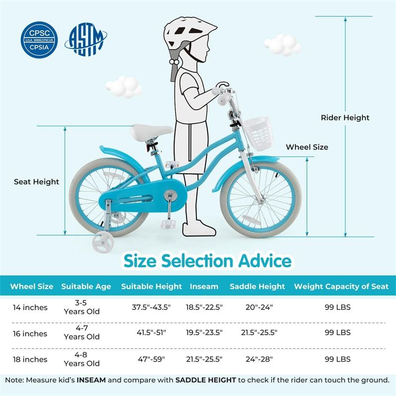 18" Kids Bike, Toddler Bicycle Girls Boys Bike for 3-8 Years Old with Training Wheels Adjustable Seat Removable Basket
