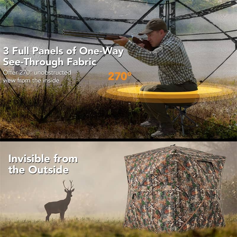 270° One-Way See-Through Hunting Blind with Silent Slide Windows, Door & Carry Bag, 3-4 Person Pop-up Camo Hunting Tent 82" Tall Deer Ground Blind