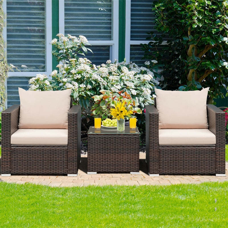 3 Piece Patio Conversation Set, Outdoor Rattan Sofa Furniture Set with Washable Cushions & Tempered Glass Coffee Table for Poolside Backyard