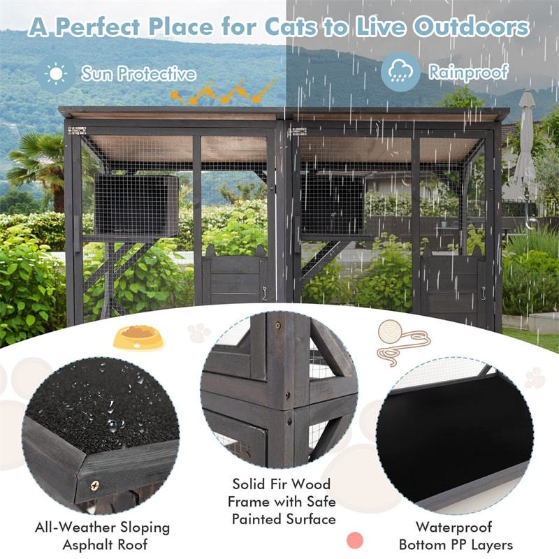 72" Tall Wooden Catio Outdoor Cat Enclosure Large Cat House Walk-in Cat Condo Cage Kitten Playpen with Weatherproof Asphalt Roof & Wheels
