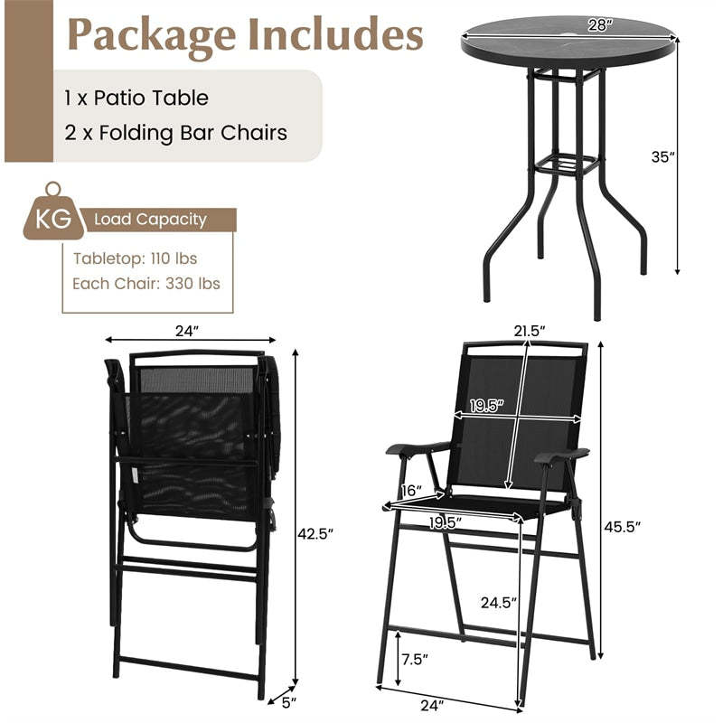 3 Piece Outdoor Bistro Set, 2 Counter Height Folding Chairs & Table Set with DPC Tabletop, Umbrella Hole, Metal Frame, Patio Bar Set for Poolside Deck
