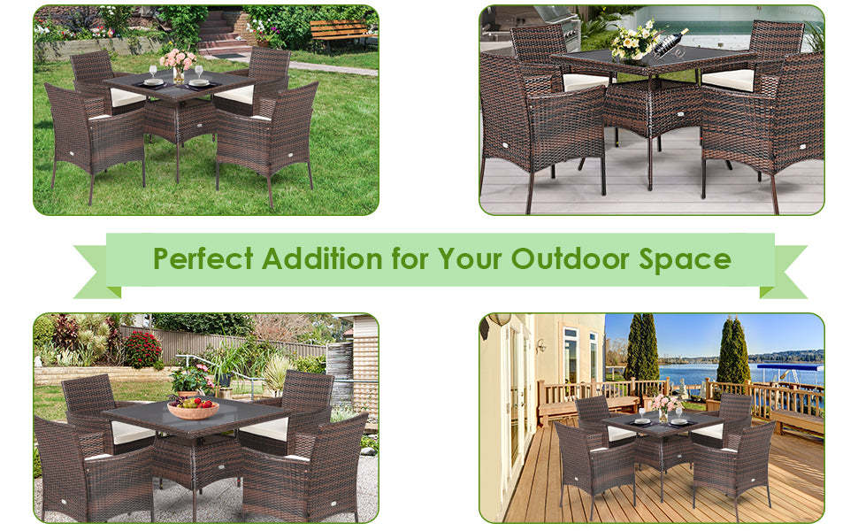 5 Piece Outdoor Rattan Dining Table Set with Tempered Glass Tabletop and 4 Cushioned Chairs