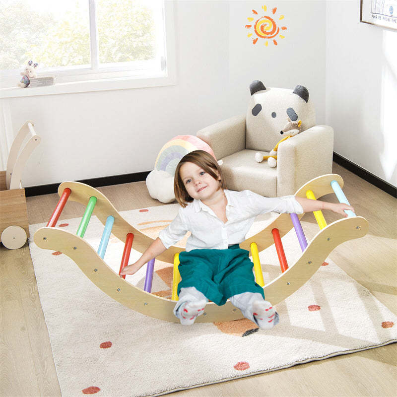 3-in-1 Wooden Montessori Arch Climber Toddler Climbing Toys Climbing Arch Rocker with Ramp & Padding
