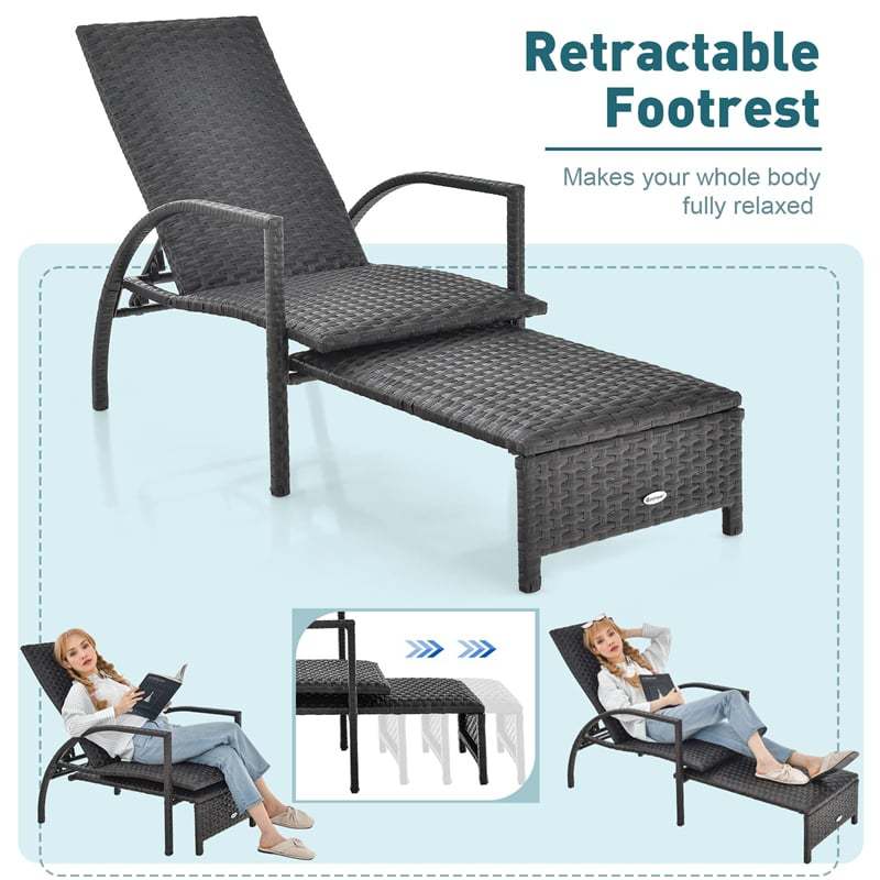 Outdoor PE Rattan Chaise Lounge Wicker Elastic Sponge Patio Lounge Chair with Retractable Footrest, 5-Level Adjustable Backrest & Metal Frame