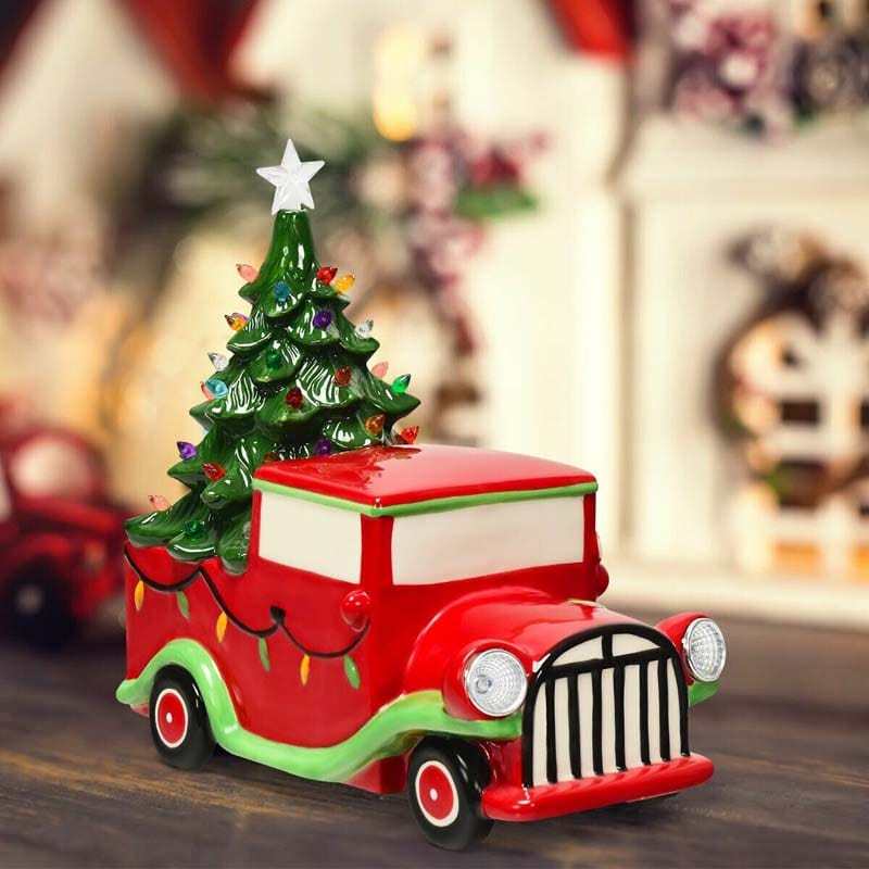Vintage Tabletop Pre-Lit Ceramic Red Truck with Christmas Tree