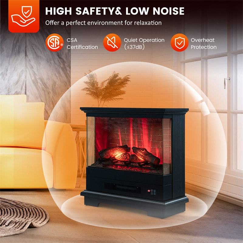 27" Electric Fireplace with Mantel, 1400W Freestanding Heater, 3-Sided Glass View, 7 Flame Colors, Remote Control, 6H Timer, Overheat Protection