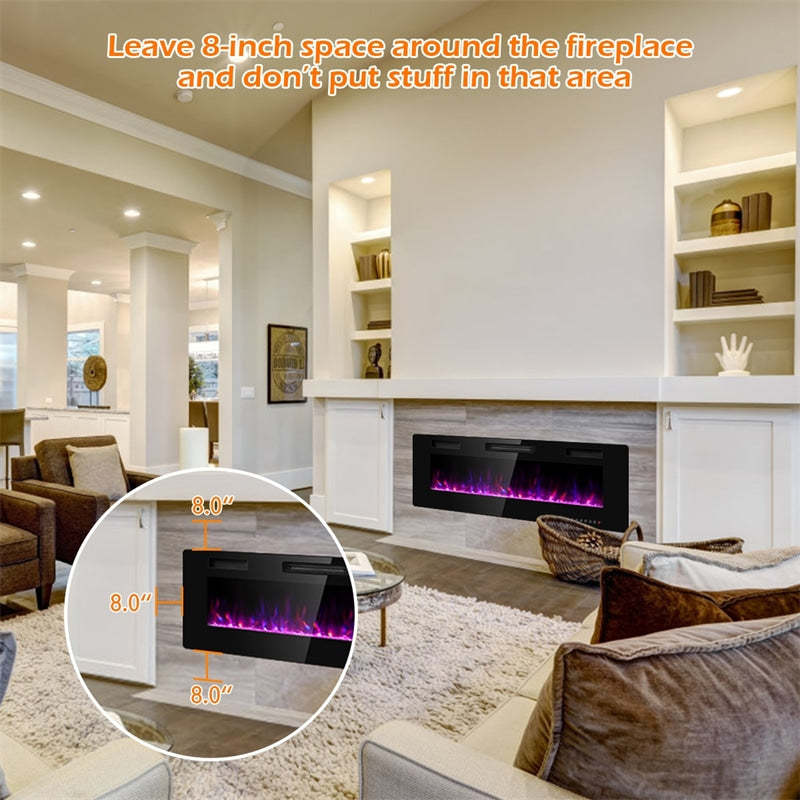 50" Recessed Electric Fireplace, Ultra-Thin Wall-Mounted Heater Insert with Remote Control, Touch Screen, Adjustable Flame Color, 8H Timer, 750W-1500W