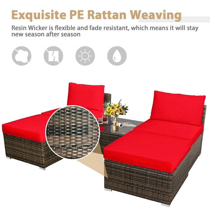 5-Piece Outdoor Rattan Chaise Lounge Set with Ottomans, Coffee Table & Washable Cushions, Patio Sectional Sofa Set for Backyard, Poolside