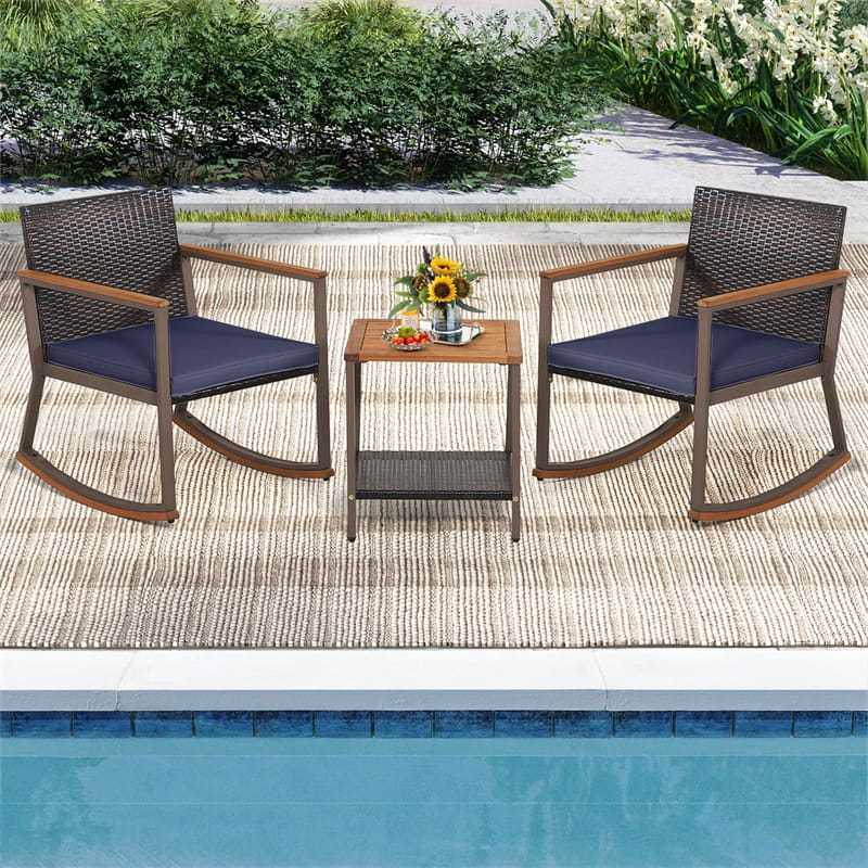 3-Piece Rattan Rocking Bistro Set w/ Cushions, Acacia Wood Top Coffee Table & Storage Shelf, Patio Conversation Set for Balcony, Porch, Poolside