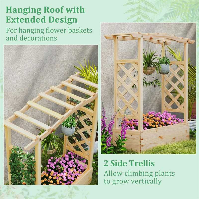 44" Wood Raised Garden Bed with Trellis, Hanging Roof & Drainage System, Freestanding Elevated Garden Planter for Flowers, Herbs, Climbing Vines