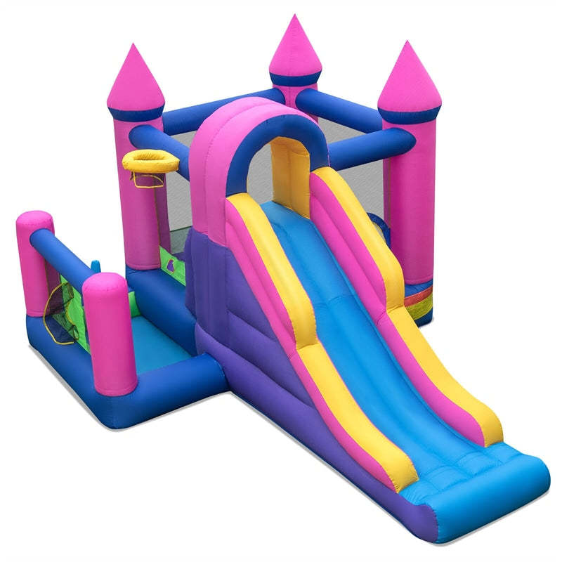 Inflatable Bounce House, 7-in-1 Princess Bouncy Castle with Long Slide, 735W Blower, Ball Pit & Ring Toss Game for Kids 3-10, Backyard Birthday Party