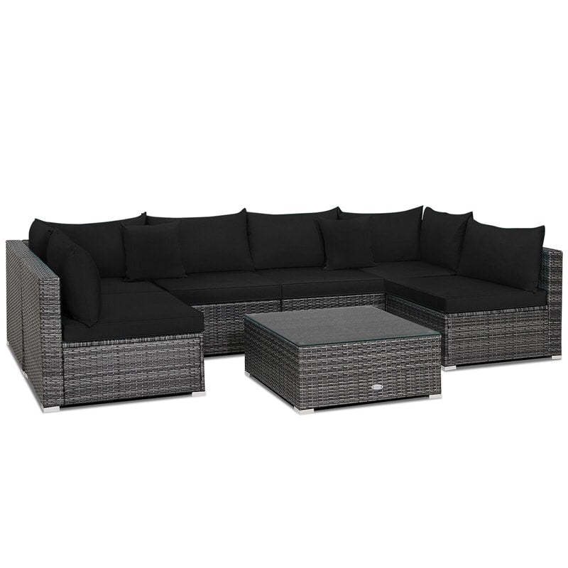 7PCS PE Rattan Modular Outdoor Sectional Set with Tempered Glass Top Table & Cushions, Patio Sofa Furniture for Backyard, Poolside Garden