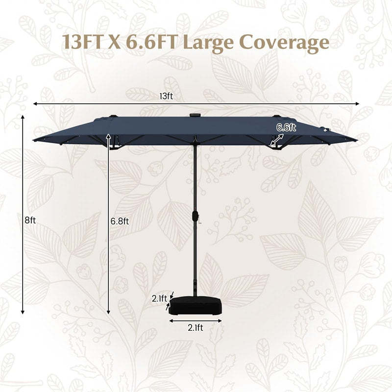 13FT Double-sided Patio Umbrella with Base, 36 Solar LED Lights & Crank Handle, Large Twin Table Umbrella for Poolside, Outdoor Dining