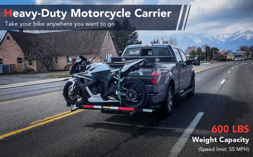 Motorcycle Hitch Carrier 600LBS Heavy Duty Steel Motorcycle Carrier Hitch Mount with Loading Ramp & Ratchet Straps, Motorcycle Rack Dirt Bike Trailer