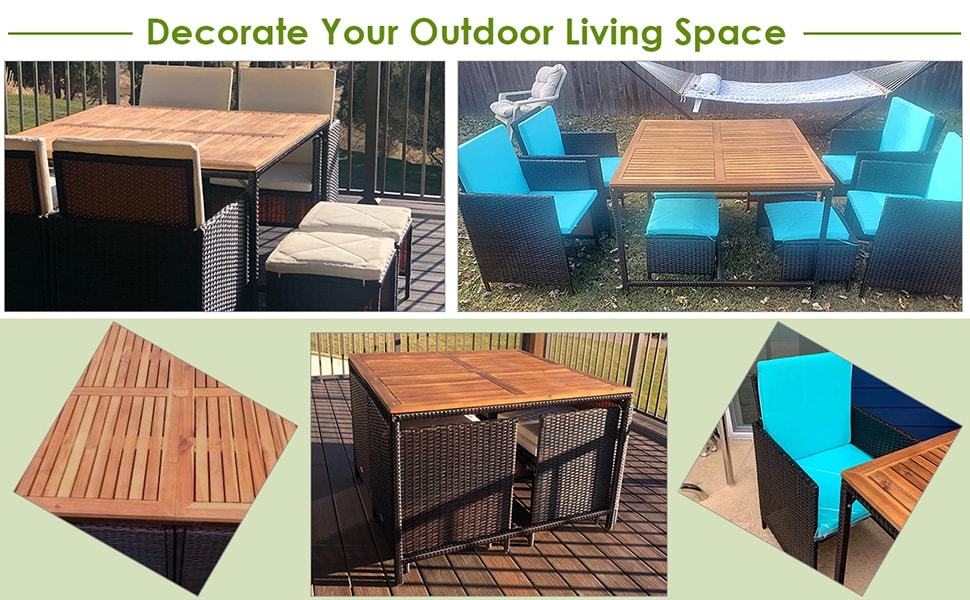 9 Pcs Outdoor Acacia Wood Patio Dining Set with Wicker Chairs & Umbrella Hole