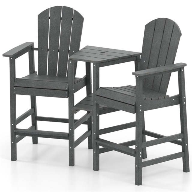 Tall Adirondack Chairs Set of 2, Outdoor HDPE Bar Stools with Double Connecting Tray & Umbrella Hole, All-Weather for Patio, Poolside, Backyard