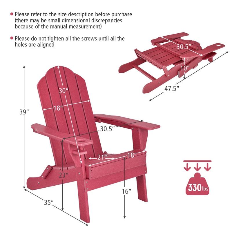 HDPE Folding Adirondack Chair, Outdoor Fire Pit Chair with Cup Holder, Weather Resistant Patio Lounge Chair for Backyard, Garden, Poolside