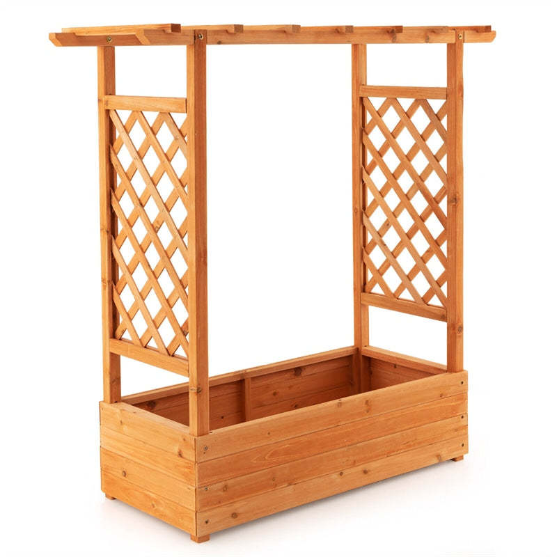 Raised Garden Bed with Arch Trellis, Hanging Roof, Outdoor Wood Planter Box w/ Side Trellis, Drainage Holes for Climbing Plants, Vines, Flowers