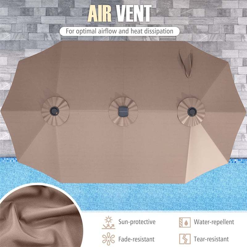 15.5FT Extra Large Patio Umbrella with 144 Solar LED Lights & Crank Handle, 12 Heavy-Duty Ribs Double-Sided Market Umbrella for Deck, Poolside